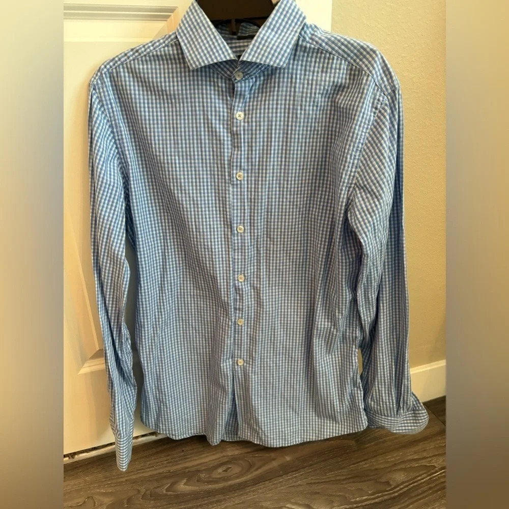 Sartoria Benetton Men’s Blue Checkered Button Up Shirt Size 42